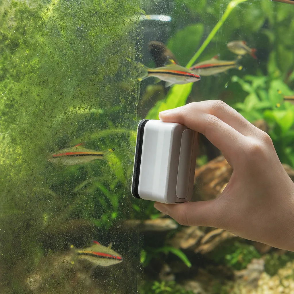 Routine wiping of algae from aquarium front glass