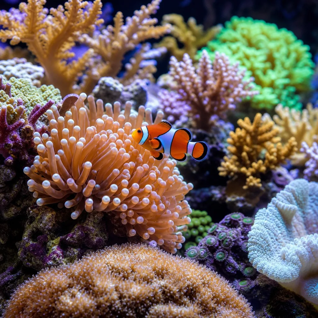 Vibrant saltwater reef tank with corals and clownfish