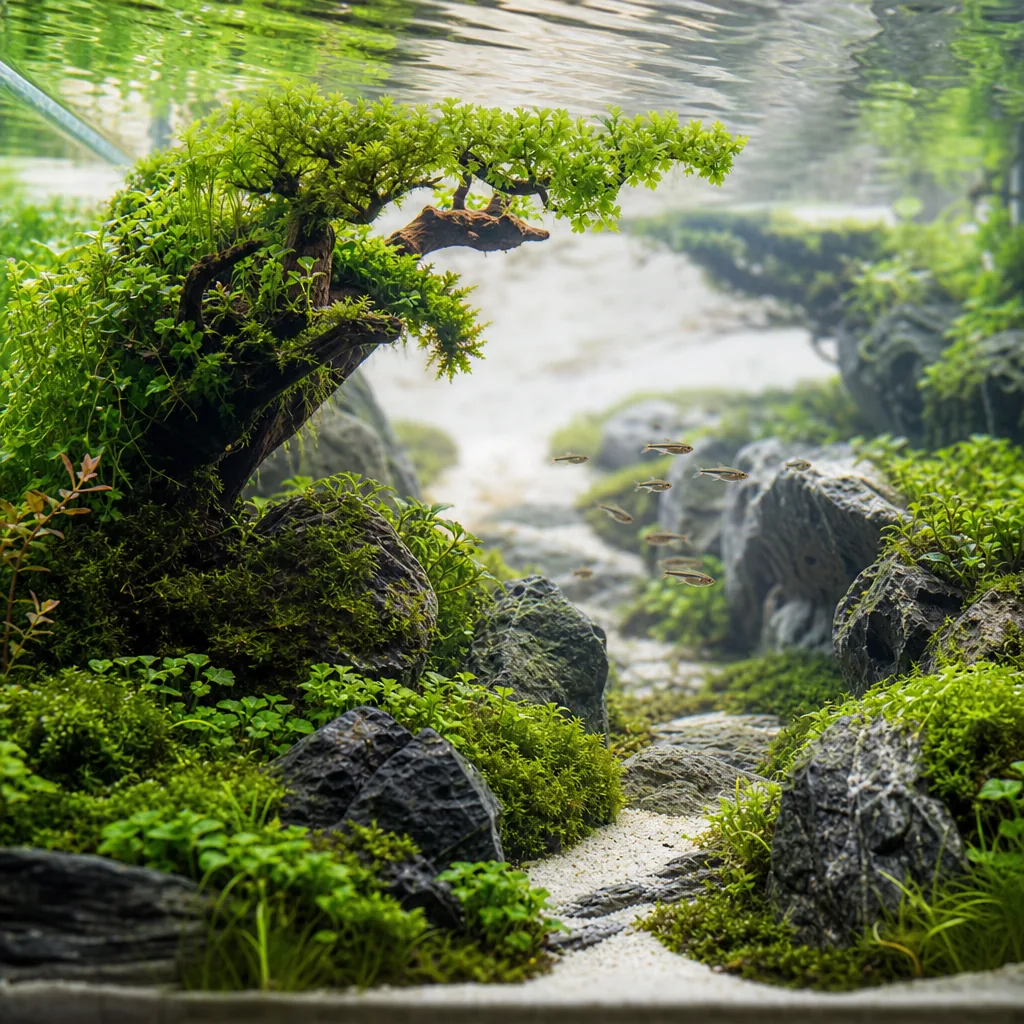 Balanced aquascape layout inspired by nature concept