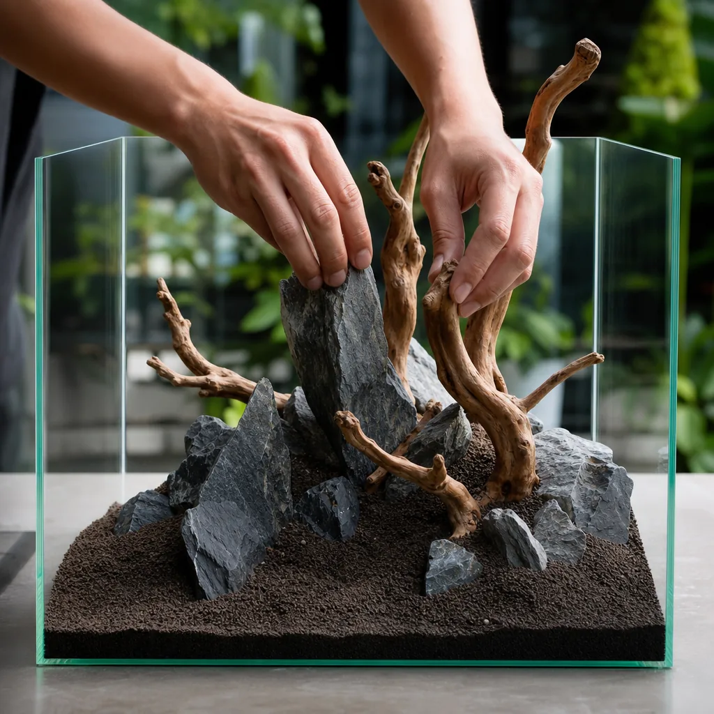 Arranging driftwood and stone hardscape in tank
