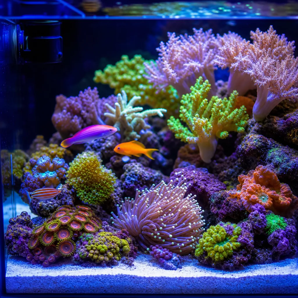 Colorful beginner reef tank with assorted corals