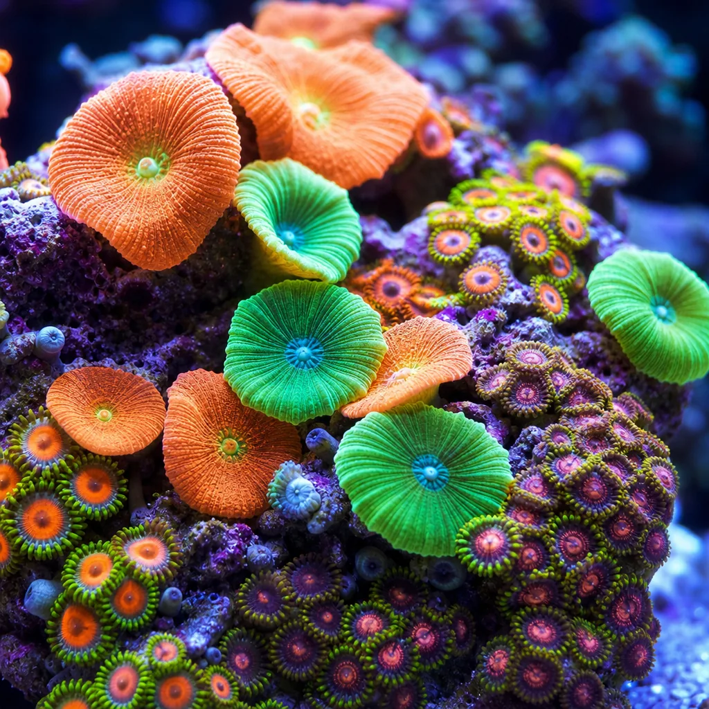 Soft mushroom and zoanthid corals on live rock