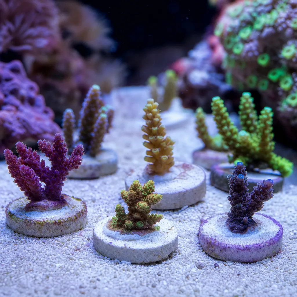 Coral frags placed on the sand bed of a reef tank
