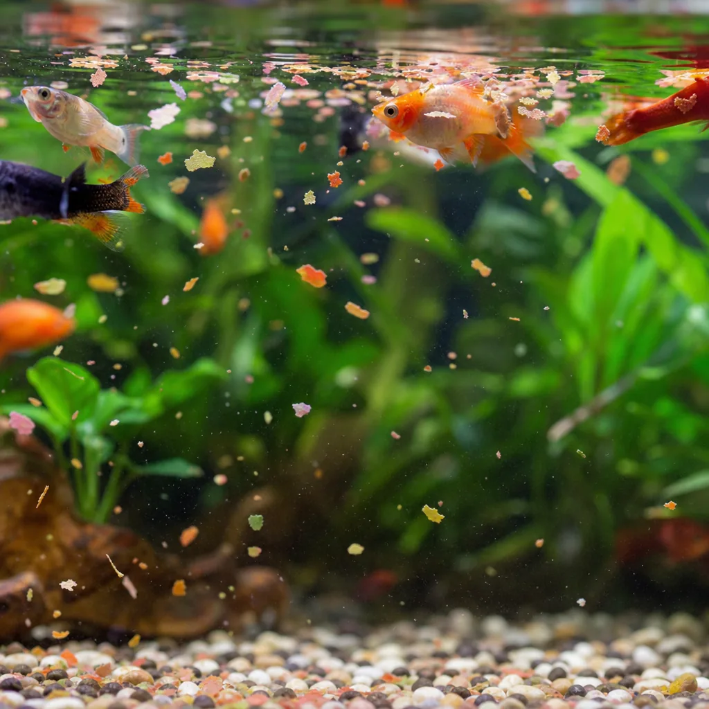 Floating food flakes spreading across aquarium surface