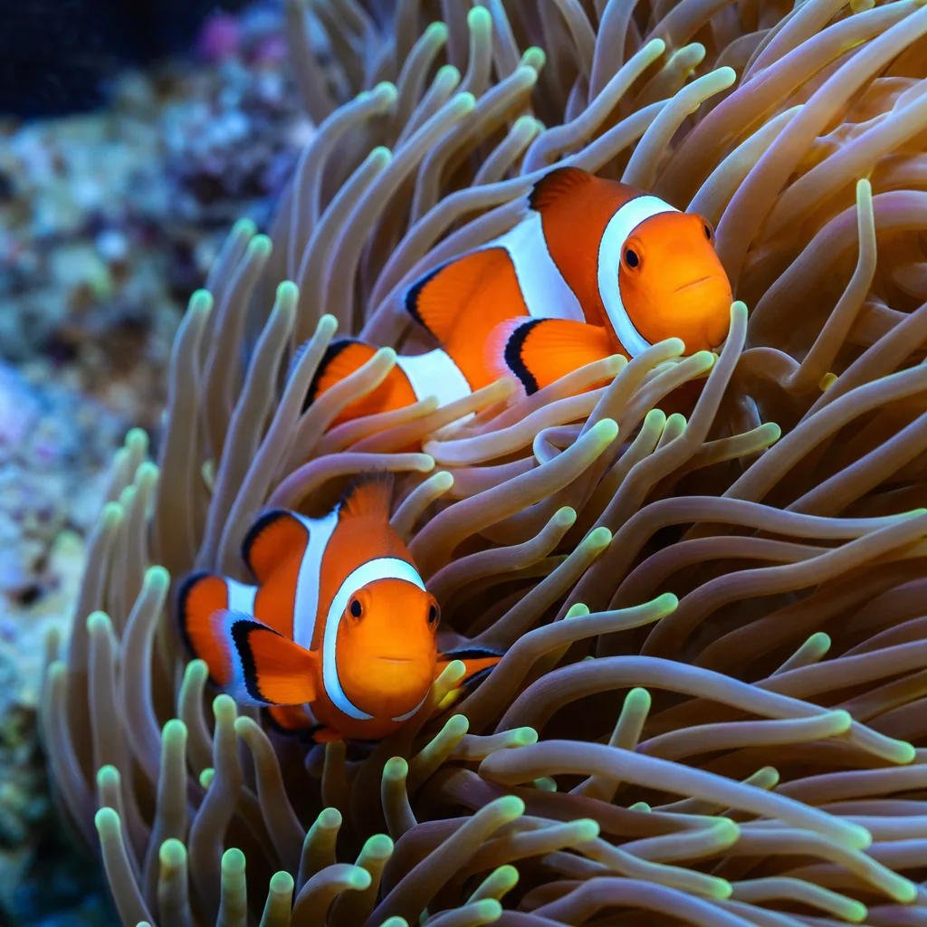 Hardy clownfish hovering near anemone in reef tank