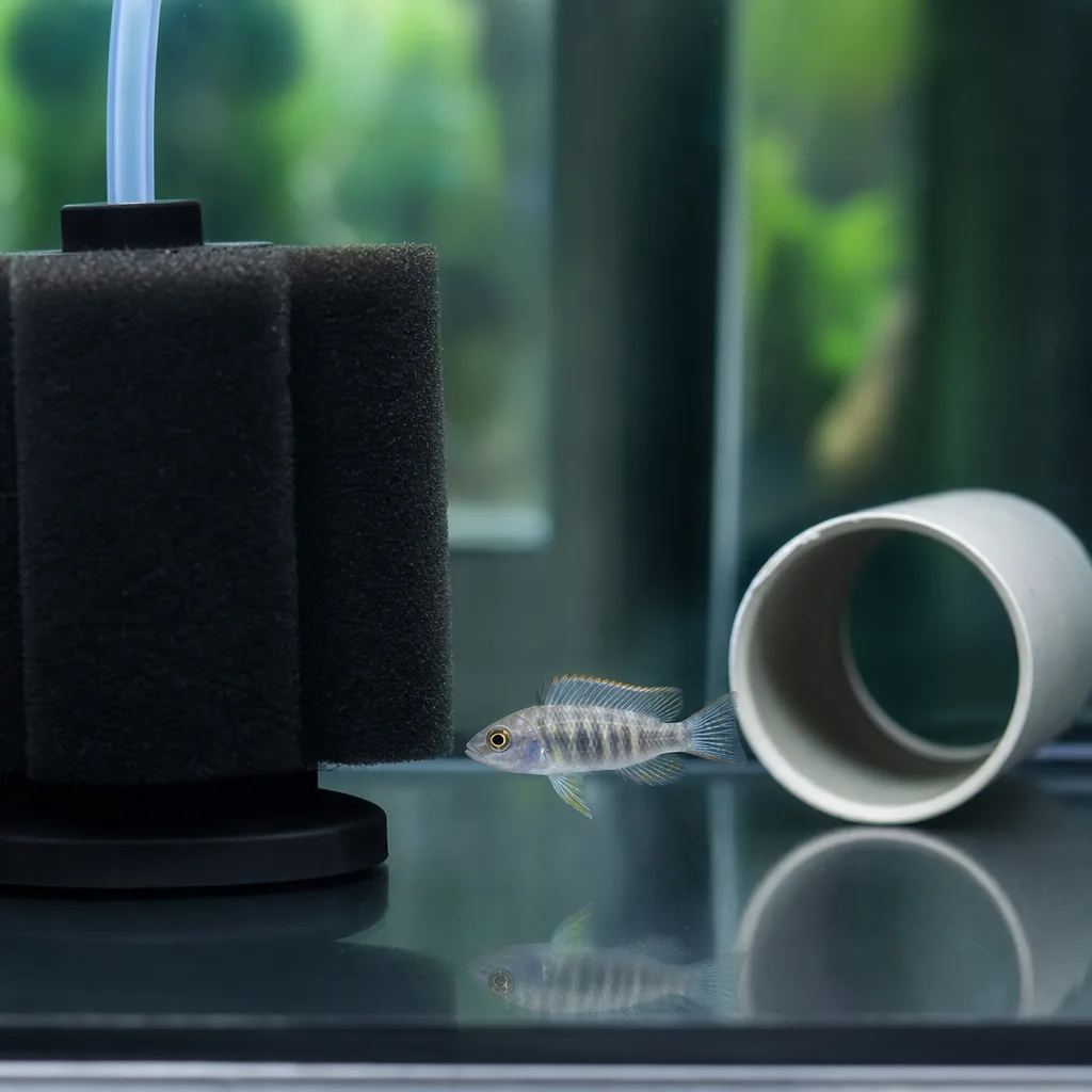 Bare quarantine tank set up for new saltwater fish