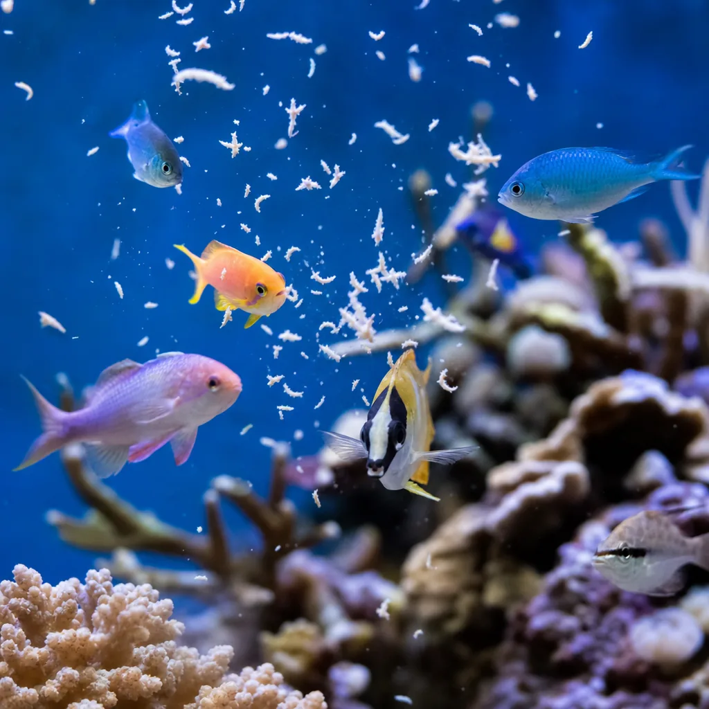 Saltwater fish feeding on frozen food in tank