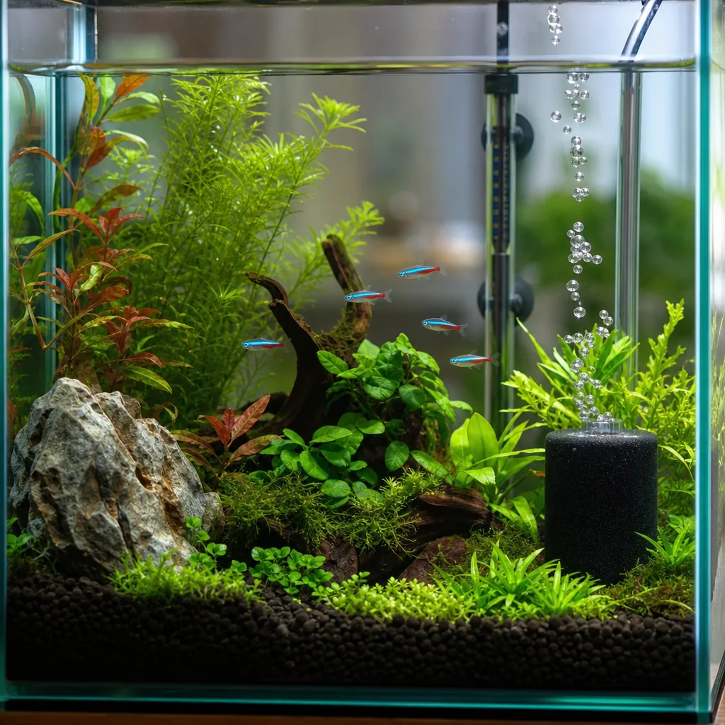 Submersible heater and sponge filter inside a betta tank