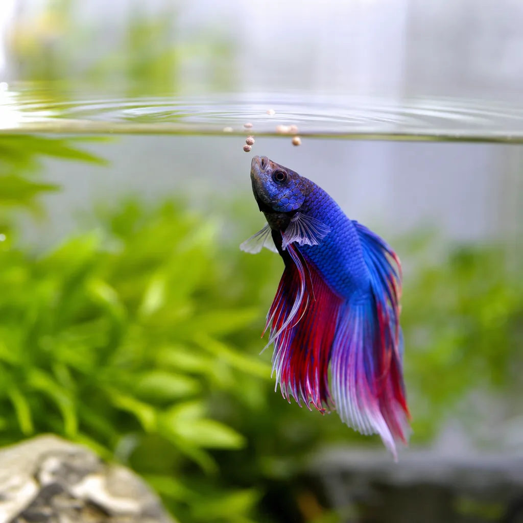 Betta fish feeding on floating pellets at the surface