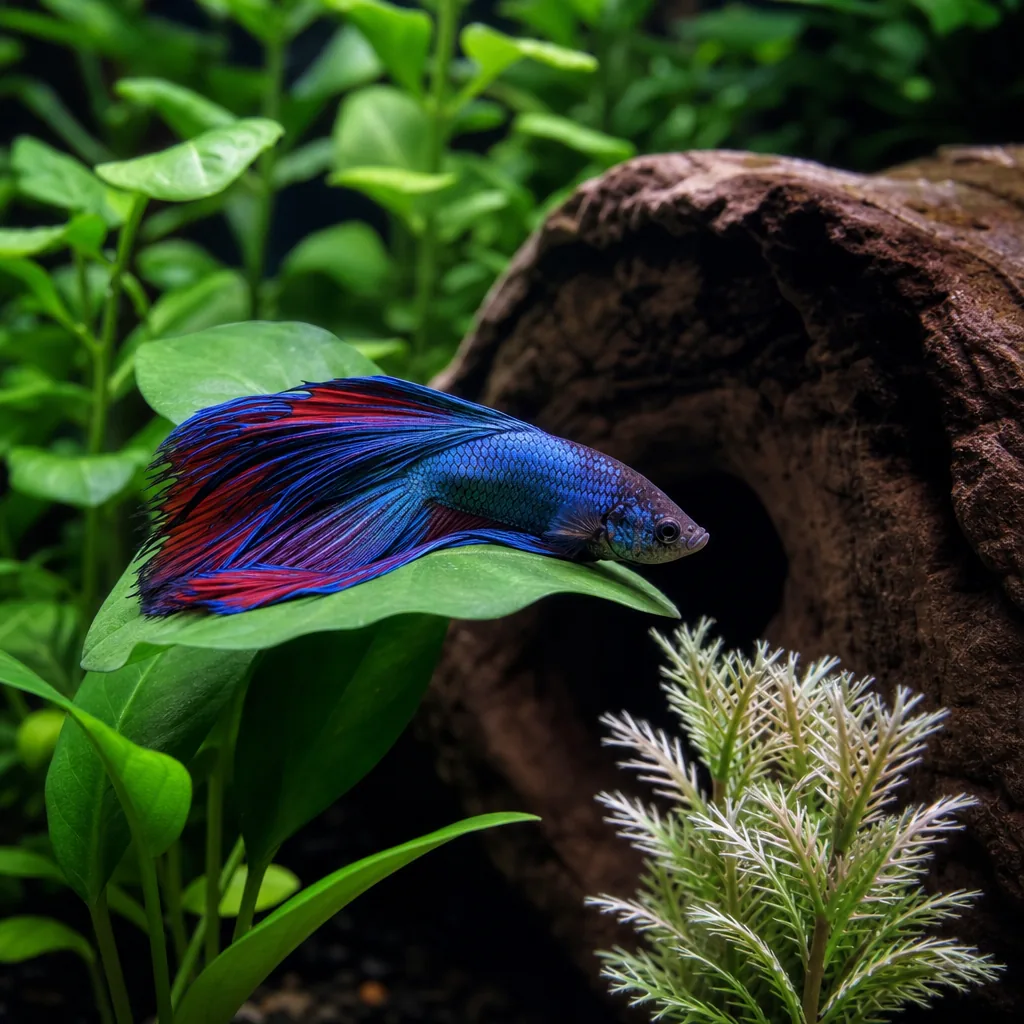 Betta resting on a broad aquarium leaf among decor