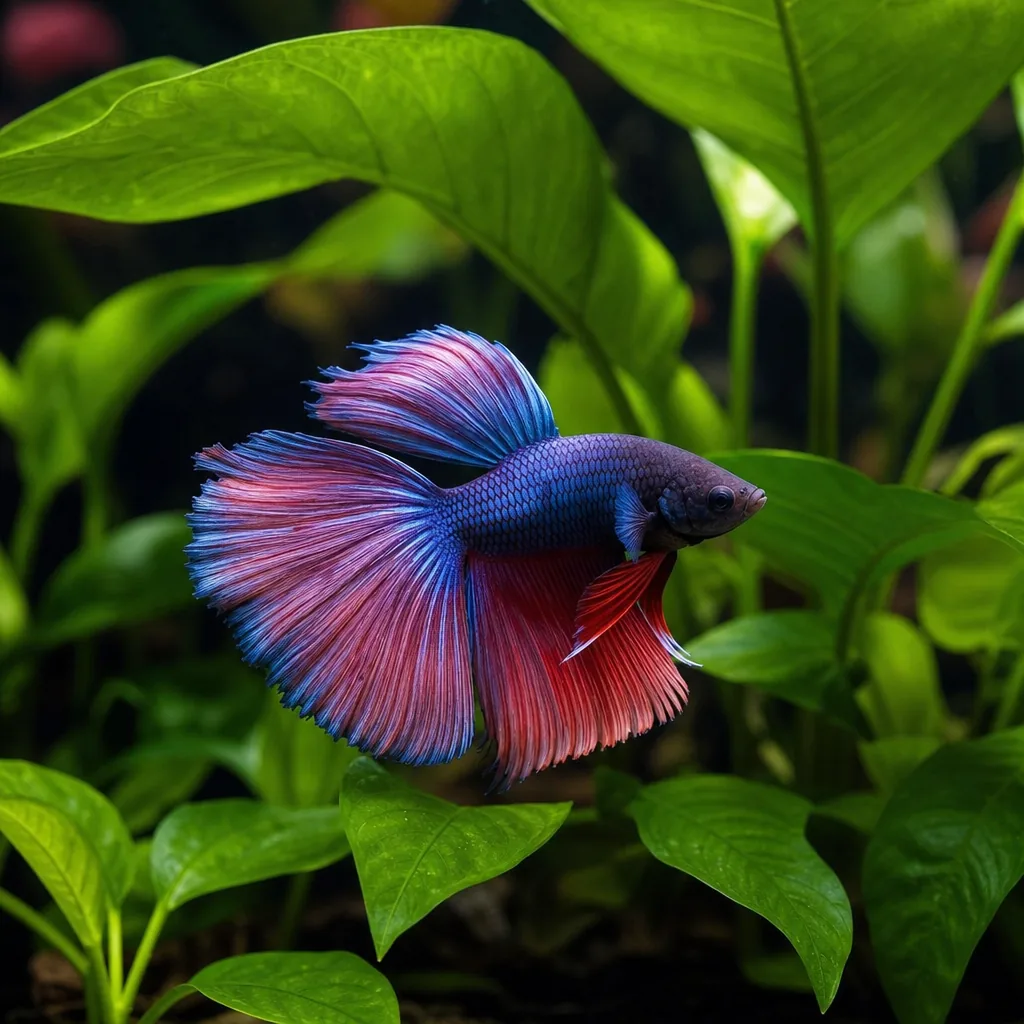 Betta fish swimming among soft broadleaf aquarium plants
