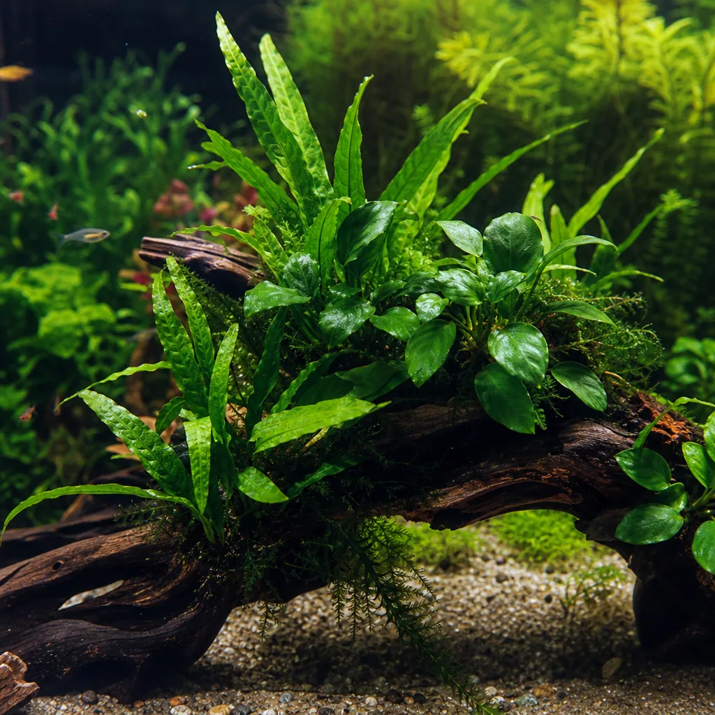 Low-maintenance java fern attached to aquarium driftwood