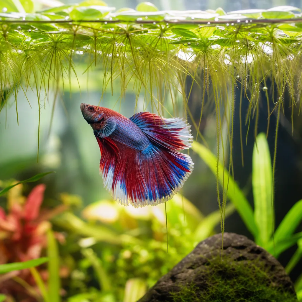 Betta resting near floating plant roots at the surface