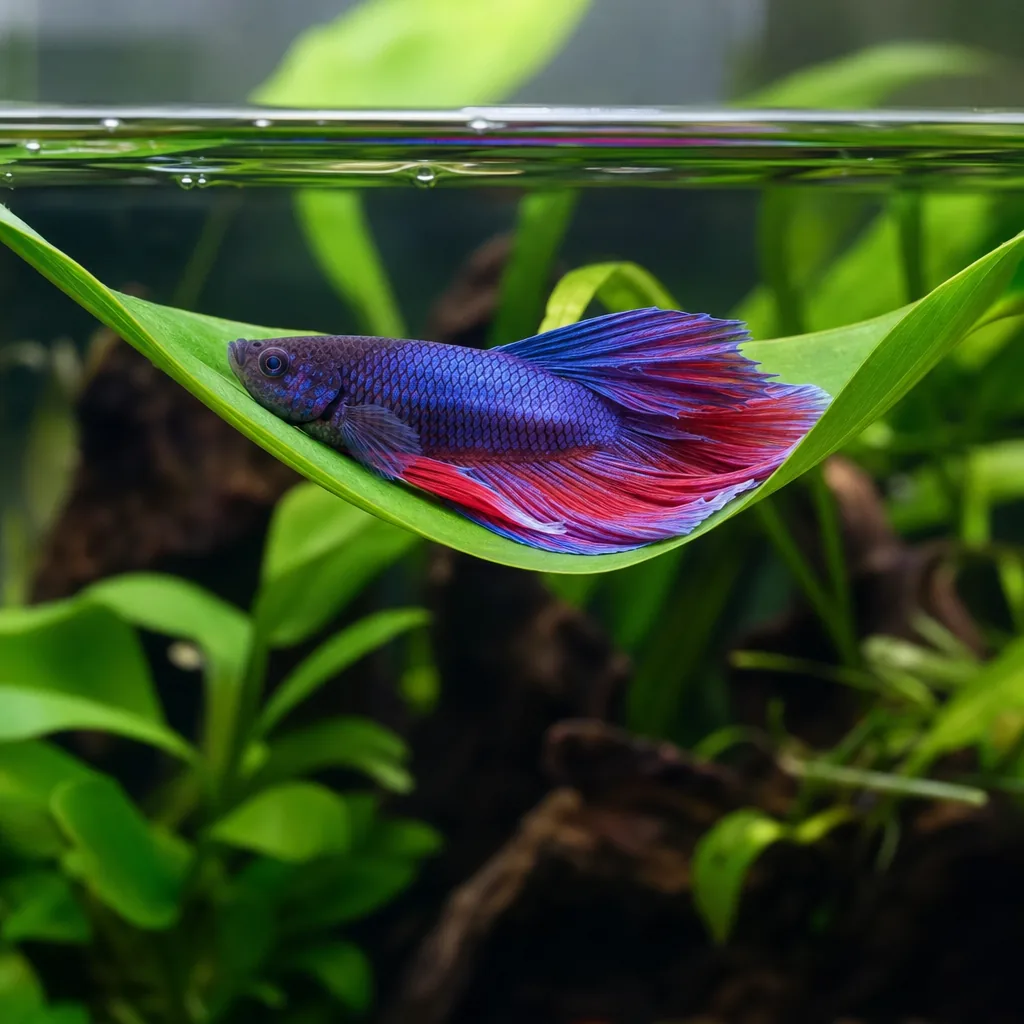 Betta perched on a broad plant leaf near the surface