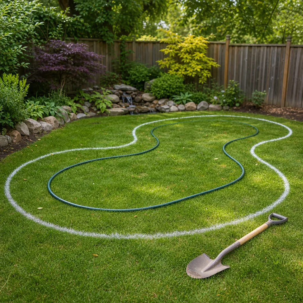 Marked outline of a planned backyard pond on grass