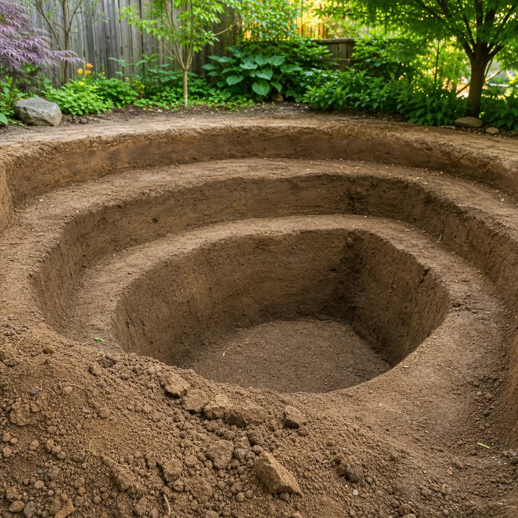 Freshly excavated backyard pond hole with shelves