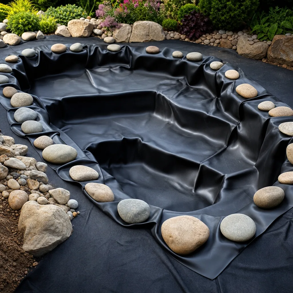 Pond underlayment and rubber liner draped into excavation