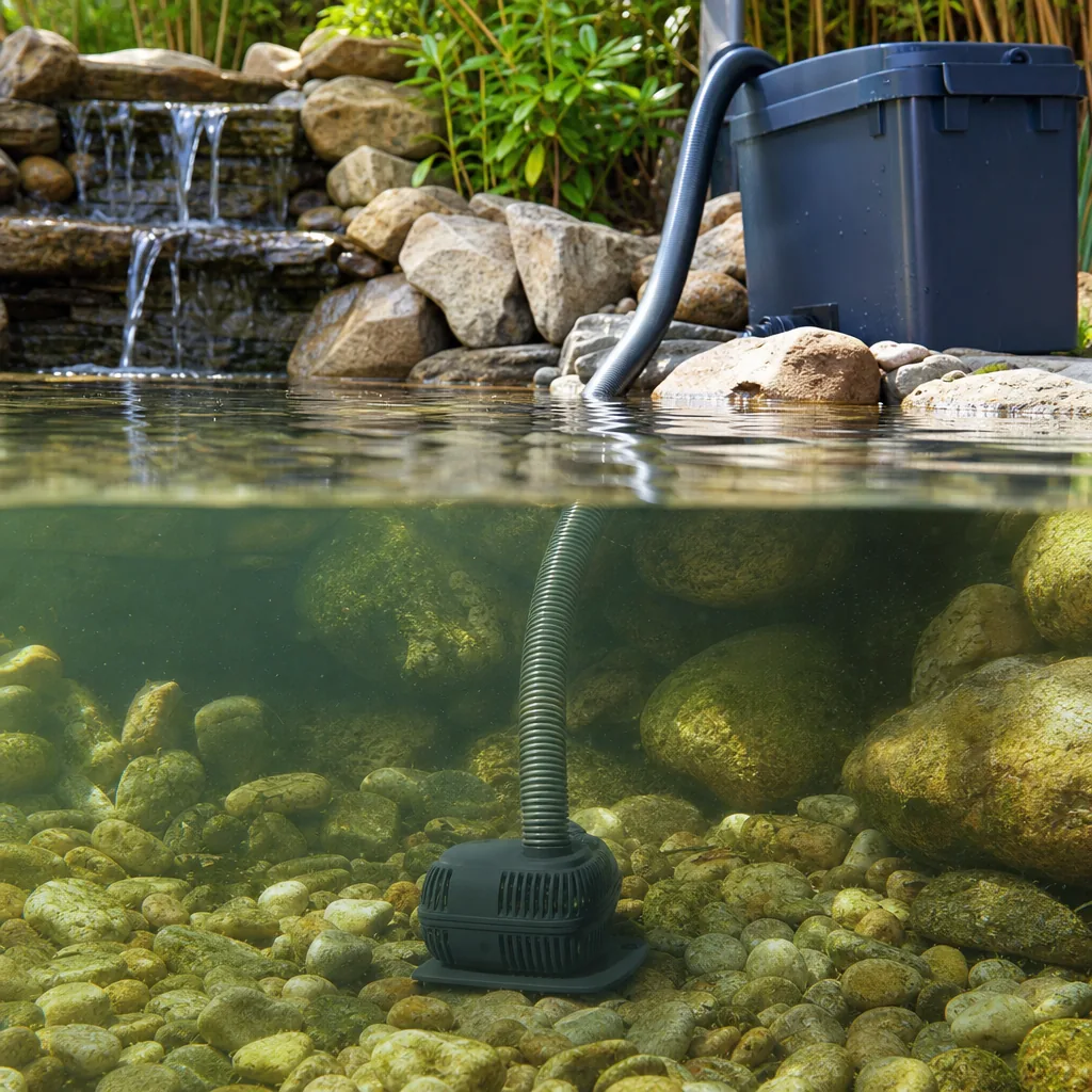 Submersible pond pump connected to filtration tubing