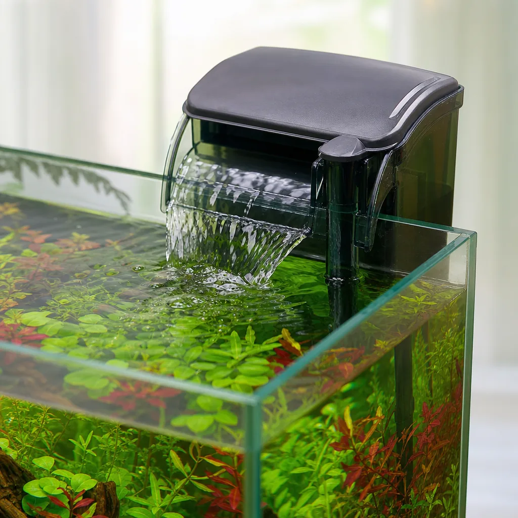 Hang-on-back filter mounted on rim of freshwater tank