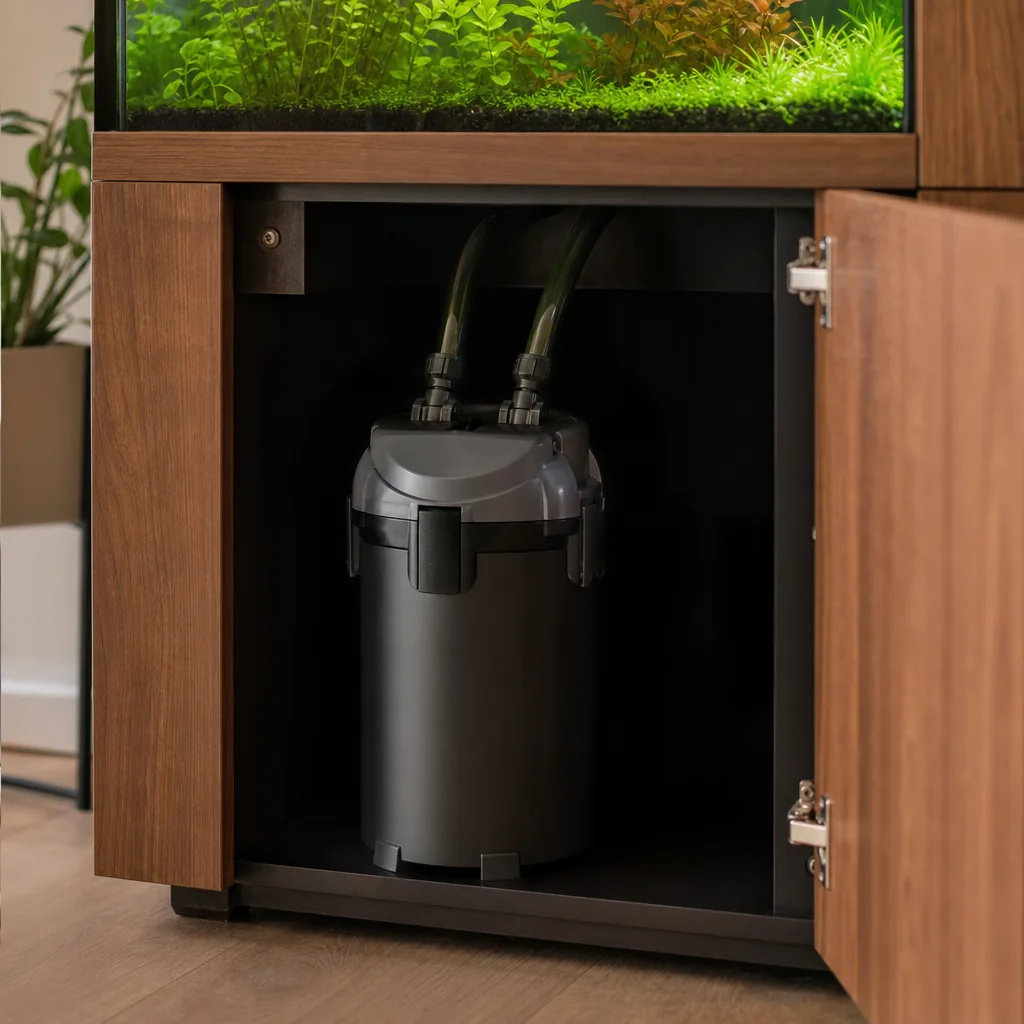 Canister filter unit sitting inside aquarium cabinet stand