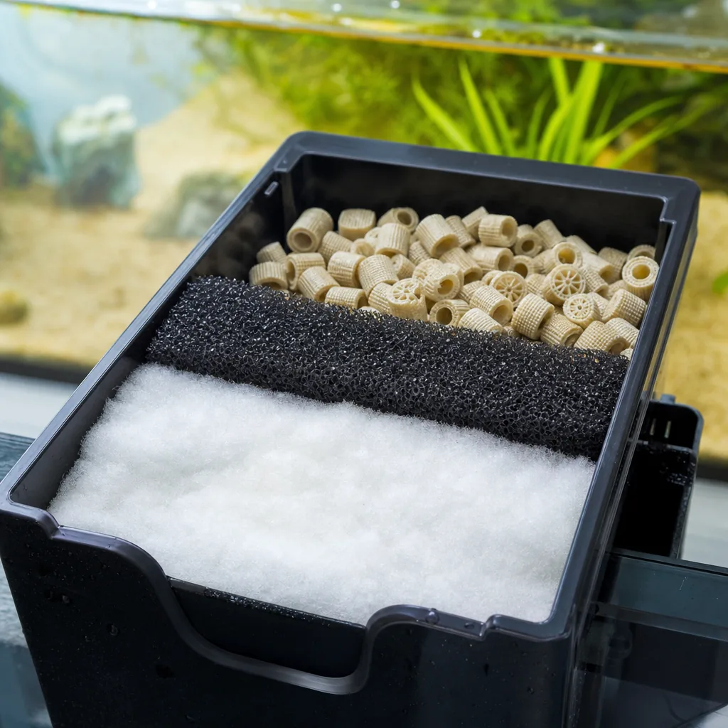 Layered filter media including ceramic rings and foam