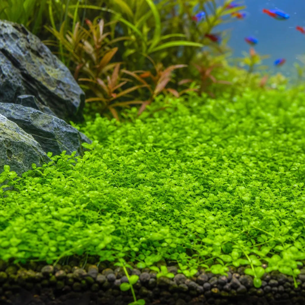 Lush green carpet plant covering aquarium substrate
