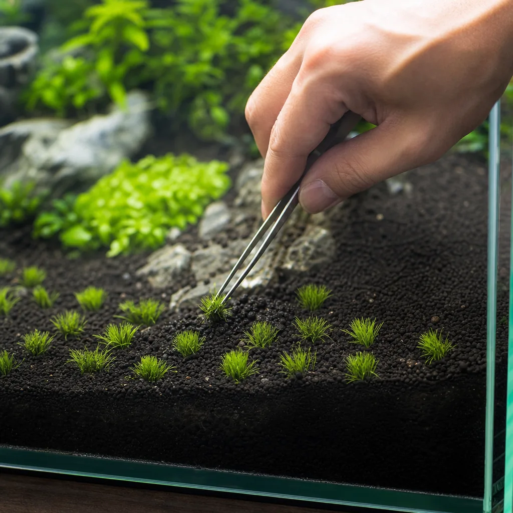 Planting tiny carpet plugs into aquarium substrate