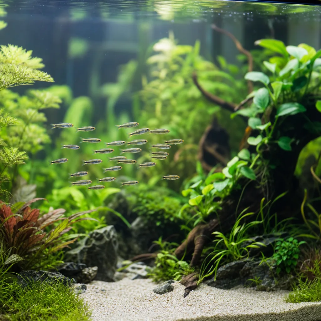 Active schooling fish filling a midsize aquarium