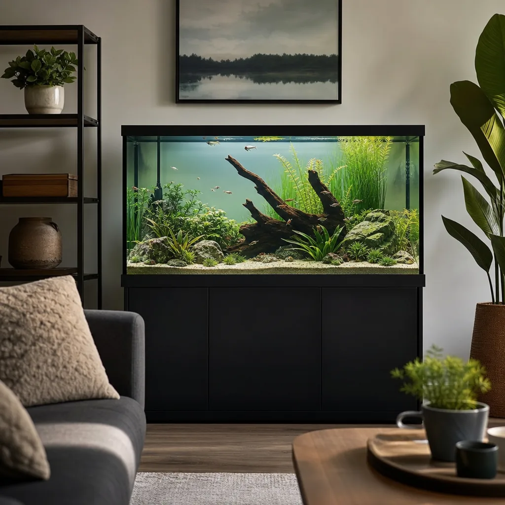 Aquarium sitting on sturdy stand against living room wall