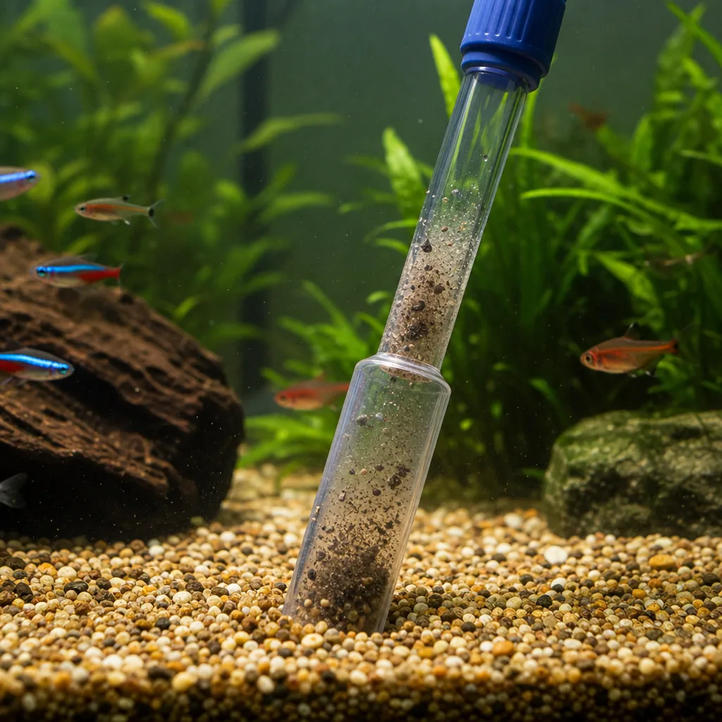 Gravel vacuum siphoning debris from aquarium substrate