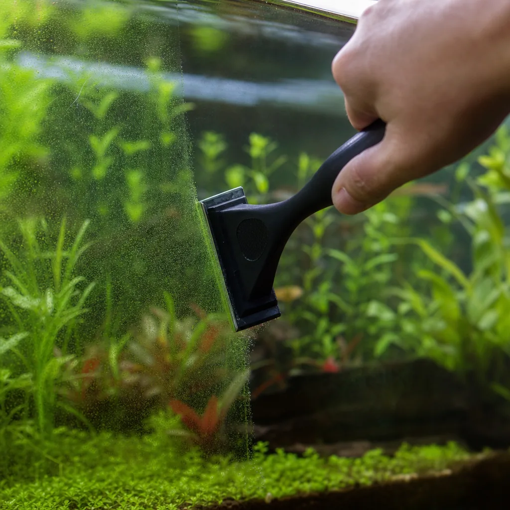 Algae scraper cleaning the inside glass of an aquarium