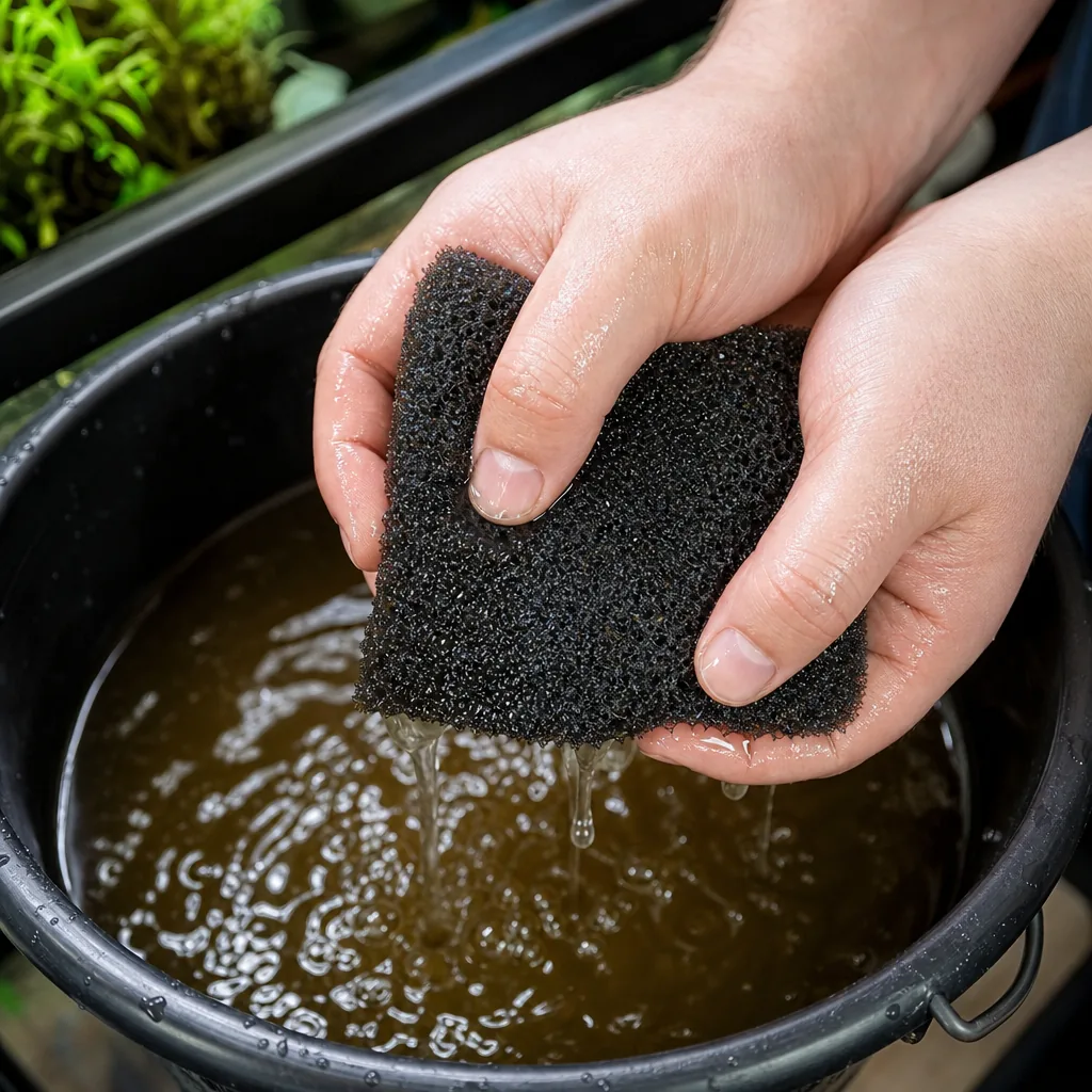 Filter sponge being rinsed in a bucket of tank water