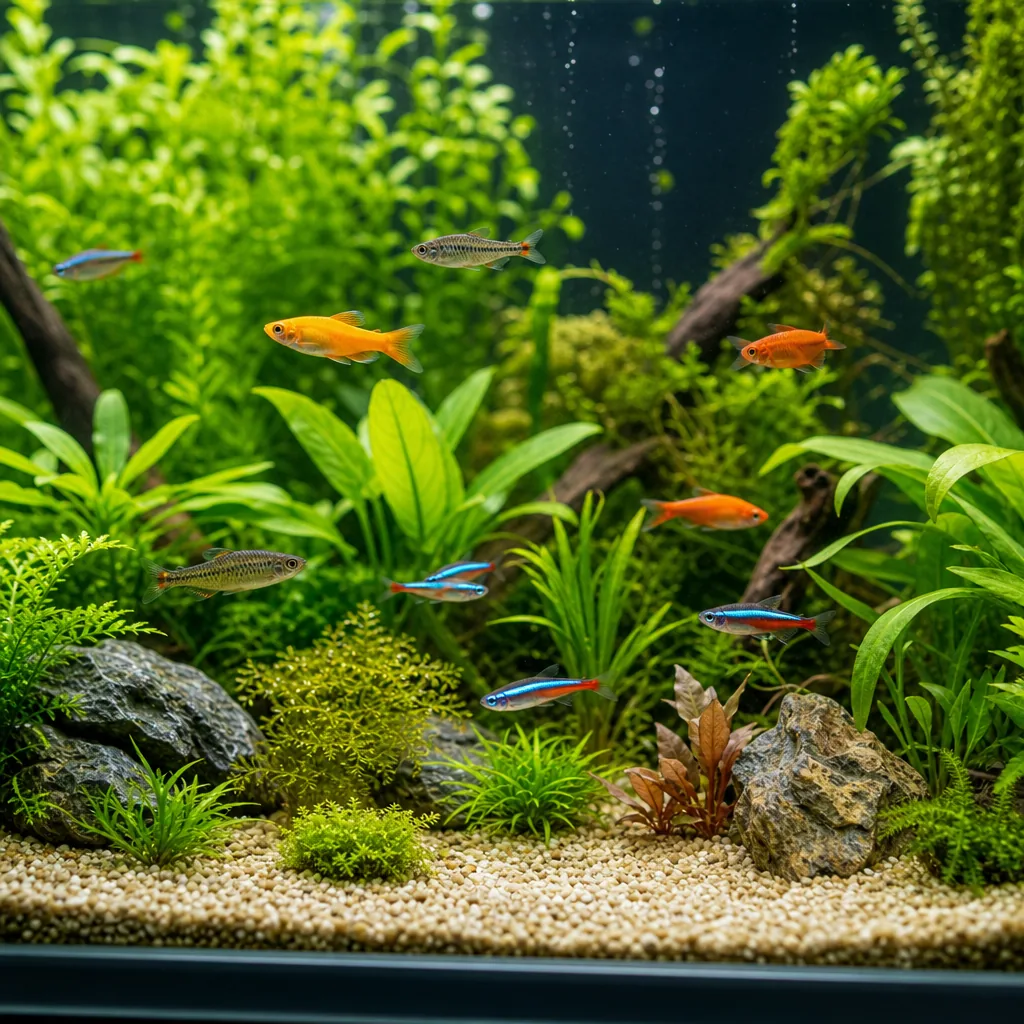 Clean planted aquarium with clear water and healthy fish