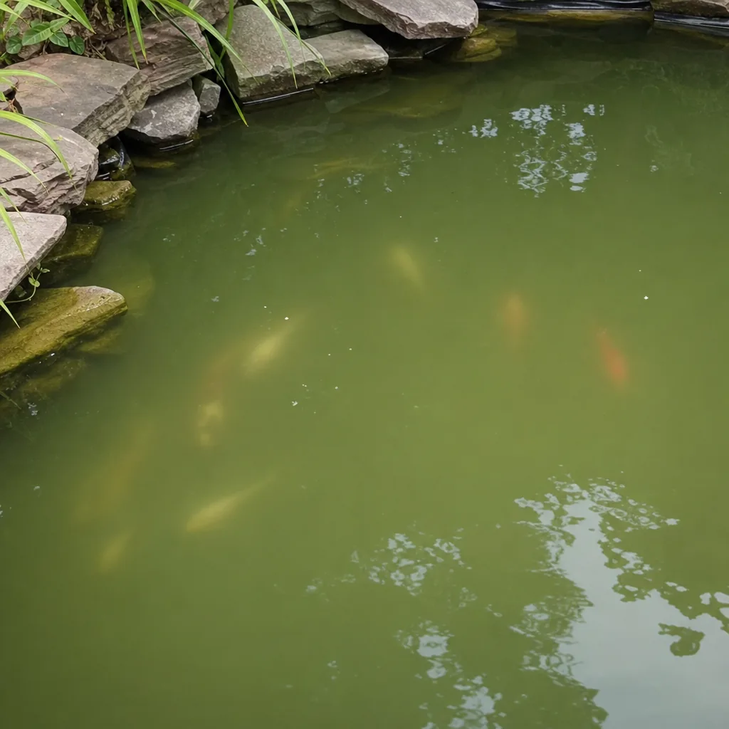 Cloudy green pond water with low visibility