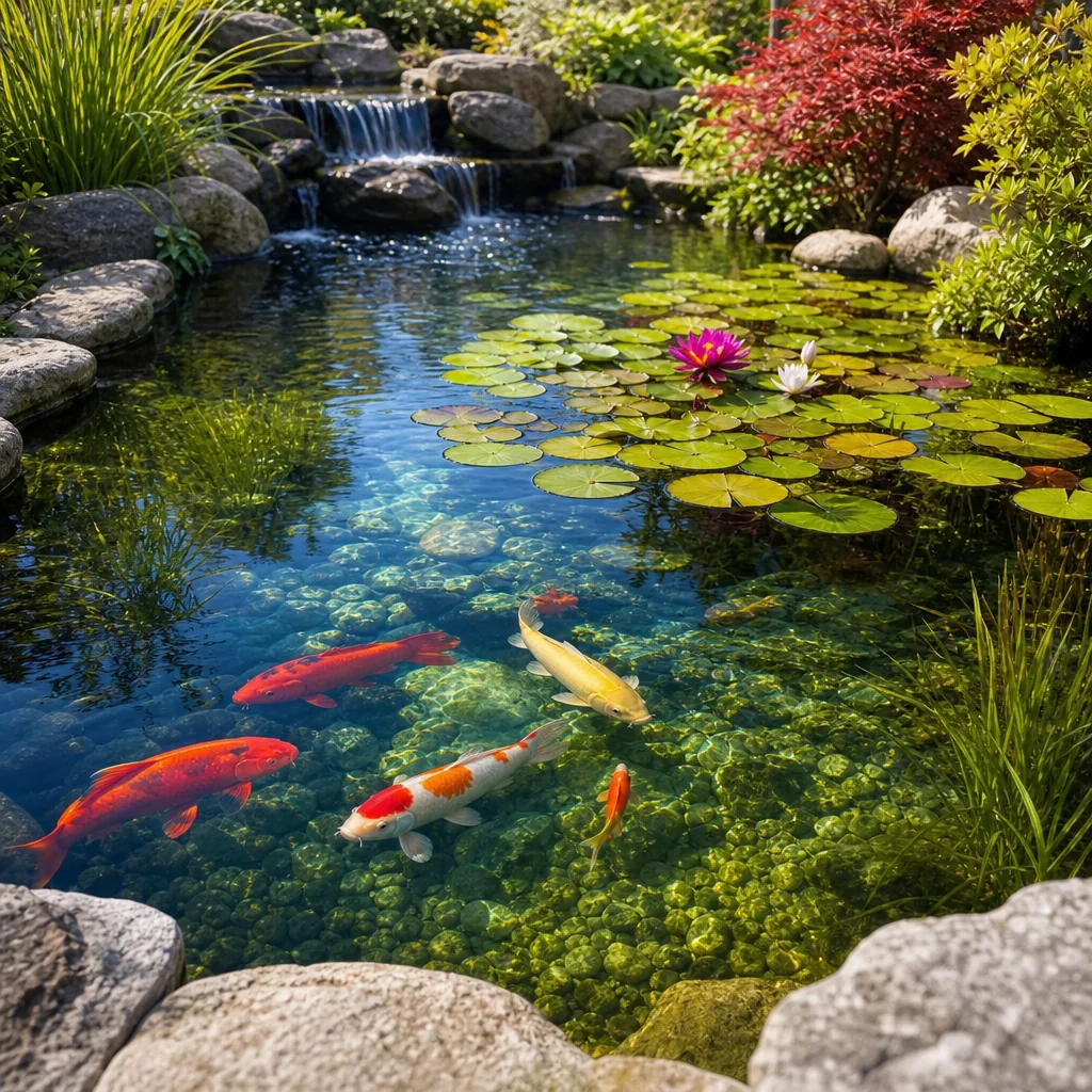 Clear pond water revealing fish and plants below surface