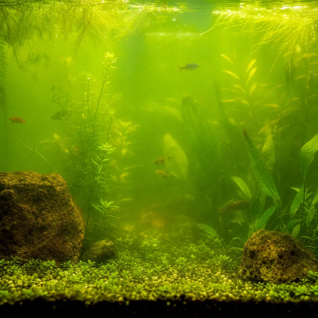 Aquarium with green algae-tinted cloudy water