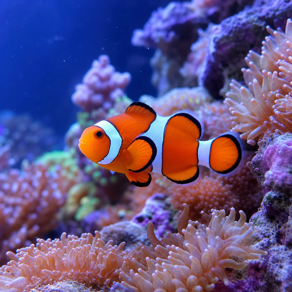 Bright orange clownfish swimming in a reef tank