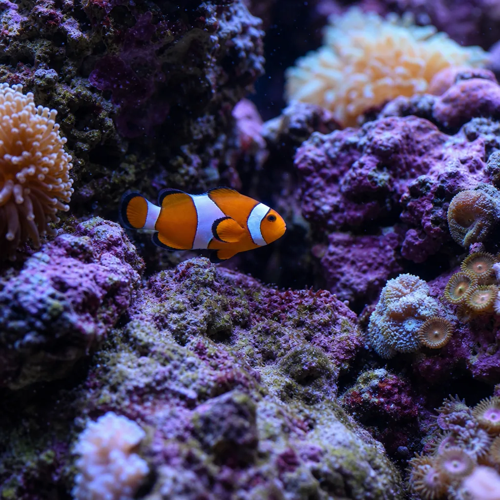 Clownfish exploring rockwork in a saltwater tank