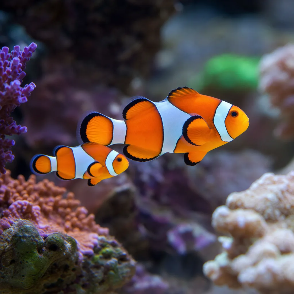 Pair of clownfish swimming closely together