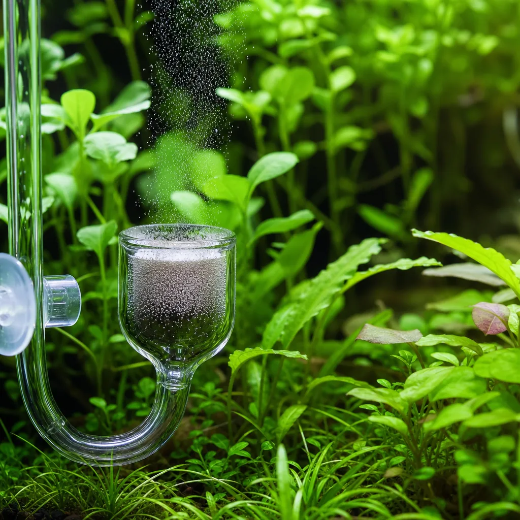 CO2 bubbles streaming into a lush planted tank