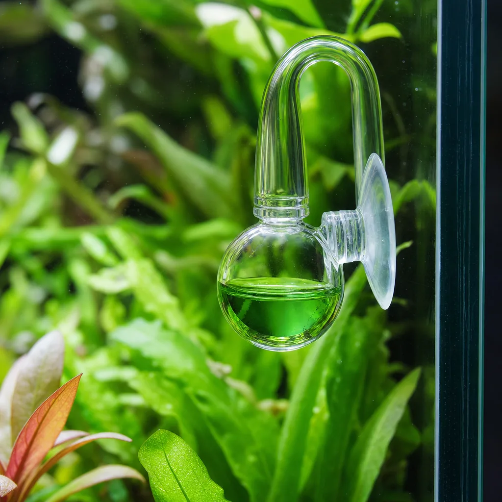 Drop checker showing CO2 level in planted tank
