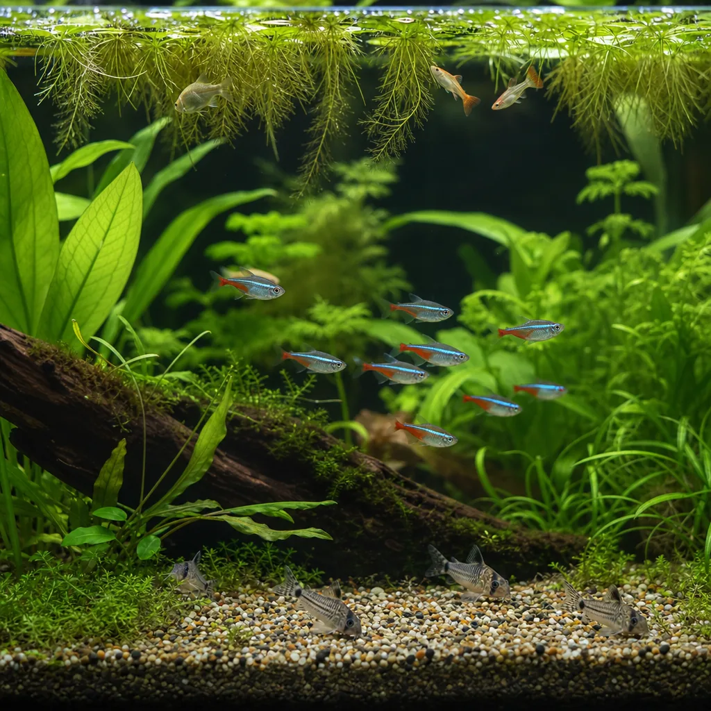 Peaceful community aquarium with fish swimming at different depths