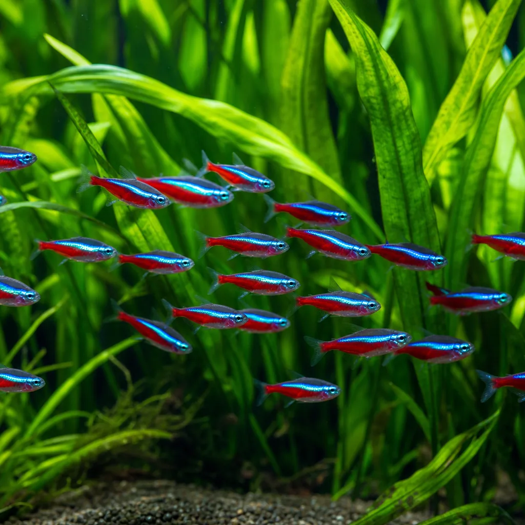 School of small tetras shoaling together among green plants