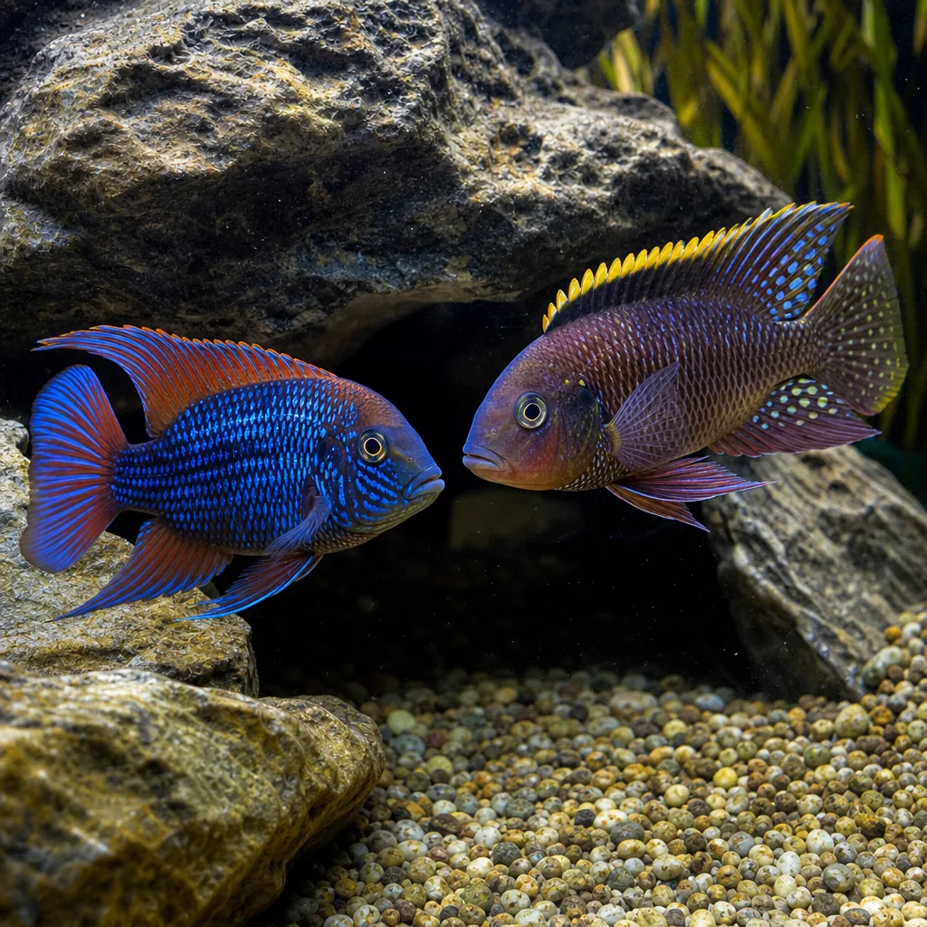 Two aggressive fish facing off near a rocky cave