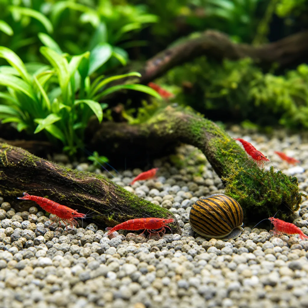 Bottom-dwelling shrimp and snails cleaning aquarium substrate