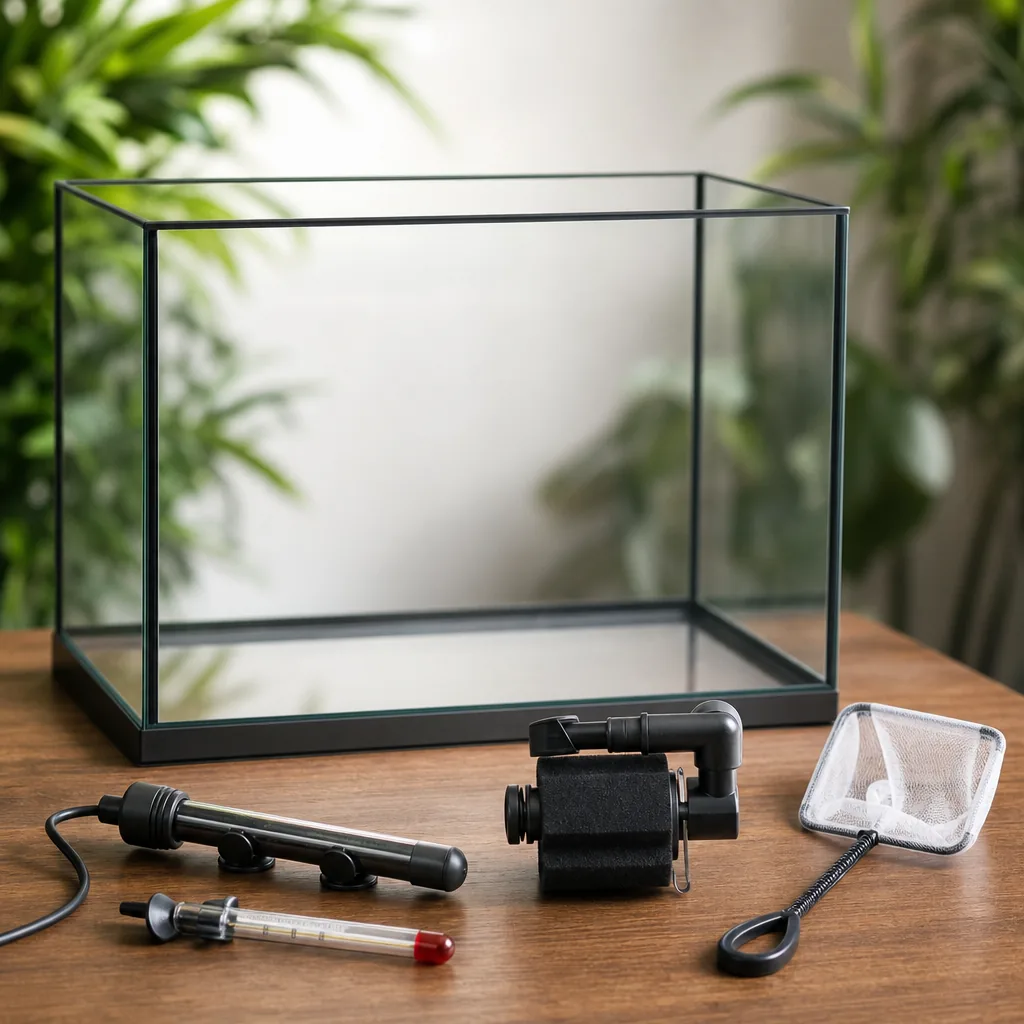 Essential aquarium starter gear laid out beside a tank