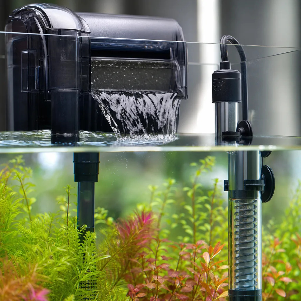 Aquarium filter and heater installed inside a new tank