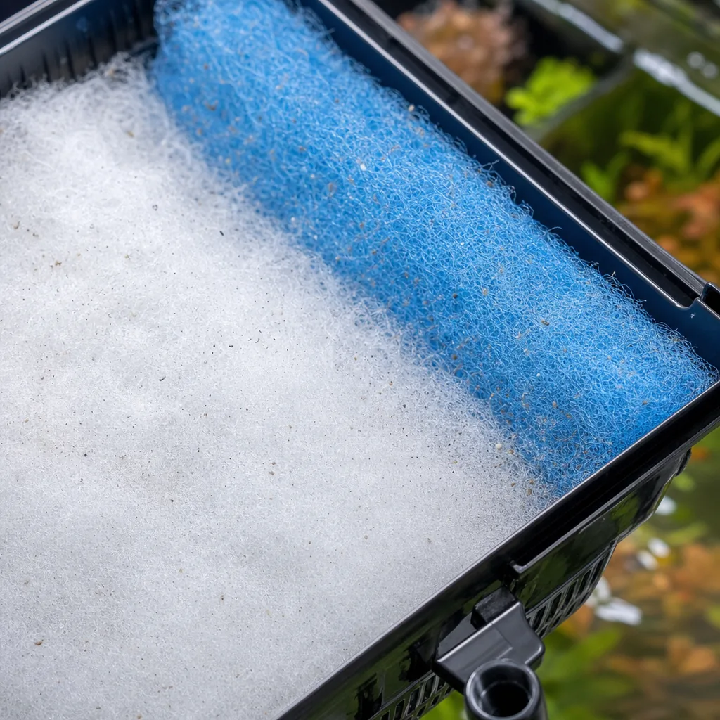 Blue and white filter floss trapping debris in a filter tray