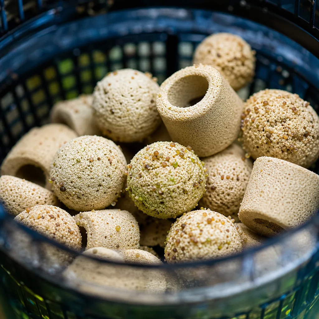 Porous ceramic biological media rings in a filter basket
