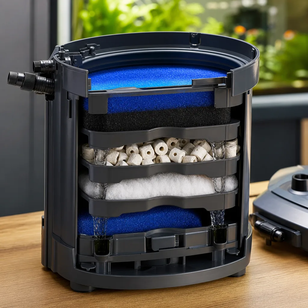 Stacked filter media layers inside an open canister filter